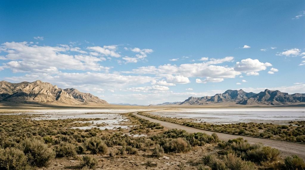 Utah's west desert near Dugway: an empty white salt-and-sage basin with the dry Cedar Mountains and Dugway Range on the horizon under a huge sky