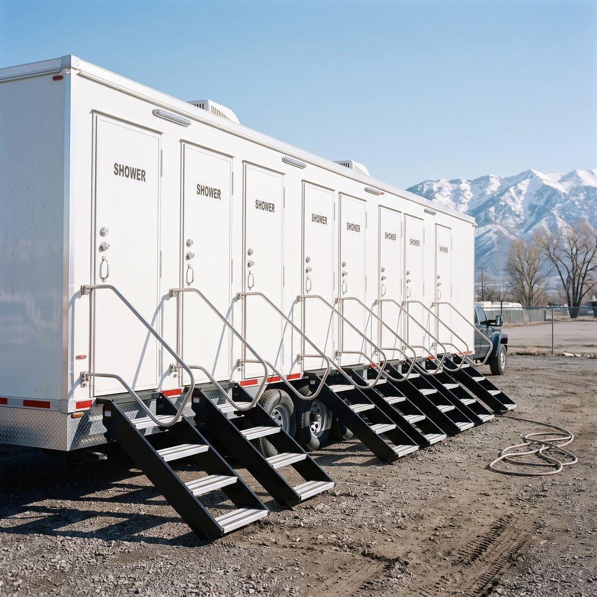 Eight-station shower trailer showing all eight SHOWER doors and staircases on a Salt Lake valley gravel pad