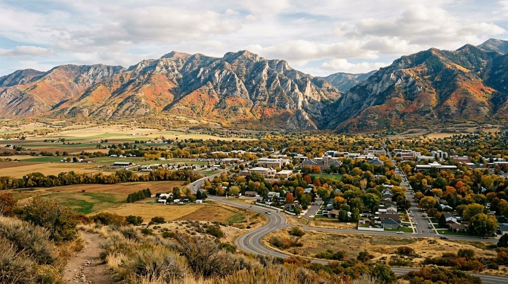 Logan, Utah: Cache Valley farmland and the town below the Bear River Range with the mouth of Logan Canyon, autumn color