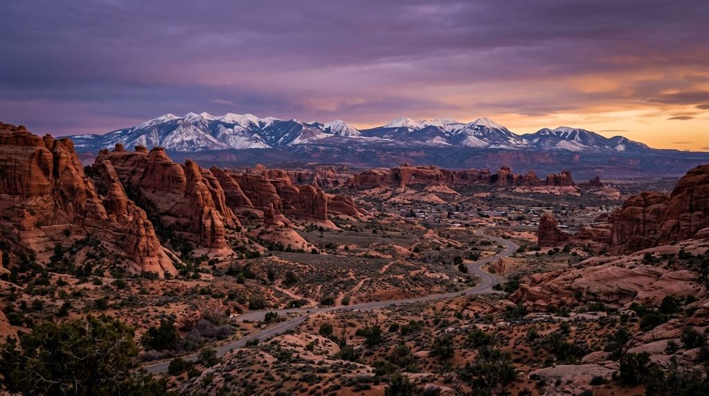 Moab, Utah: red sandstone fins and the snow-capped La Sal Mountains behind the Spanish Valley at sunset, violet sky