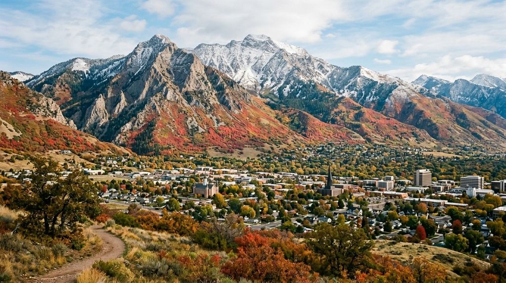 Ogden, Utah: Ben Lomond peak and the steep Wasatch face above the city in autumn, first snow on the summit, red scrub oak below