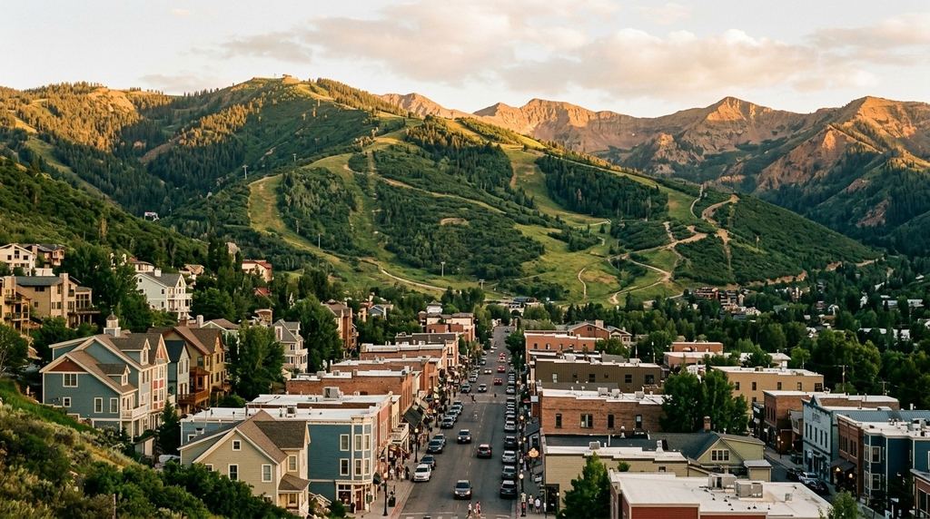 Park City, Utah: the historic Main Street hillside homes and green summer ski runs of the resort behind at golden hour, no signs readable