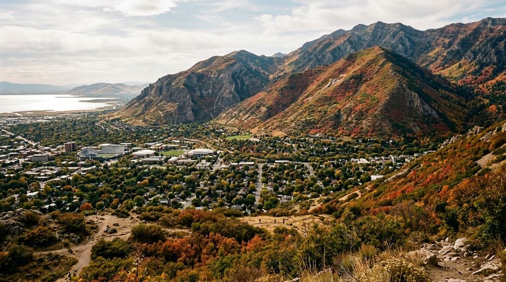 Provo, Utah: the steep Wasatch front above the city with Y Mountain's slope and Rock Canyon, red scrub oak in October, Utah Lake glinting in the distance