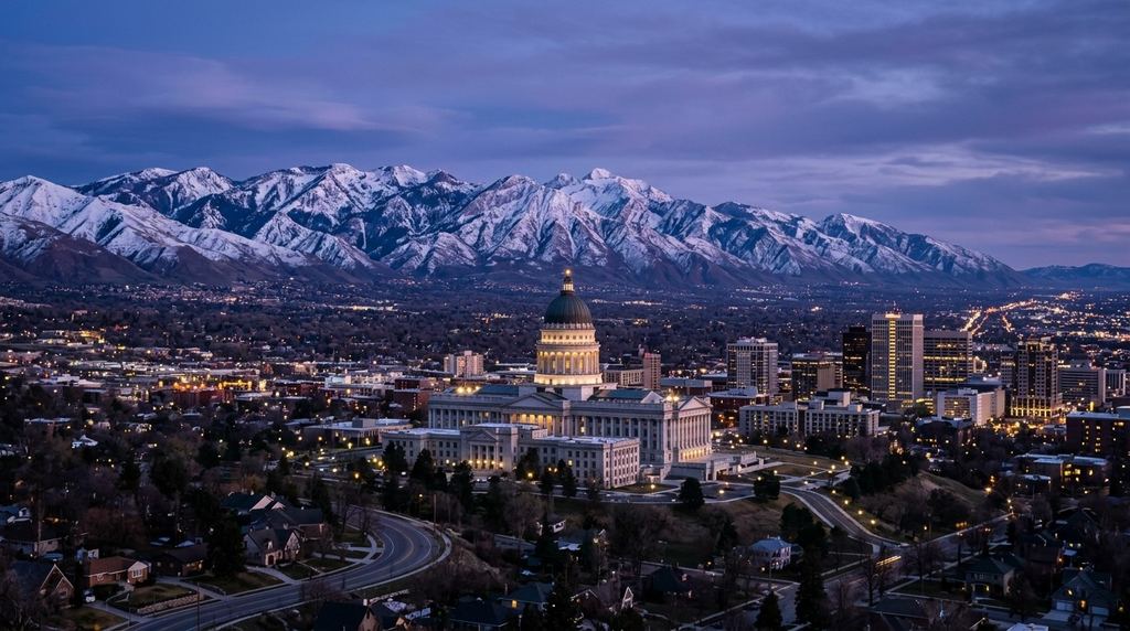 The Utah State Capitol dome and the Avenues bench above downtown Salt Lake City at violet dusk, the snow-capped Wasatch behind, city lights coming on