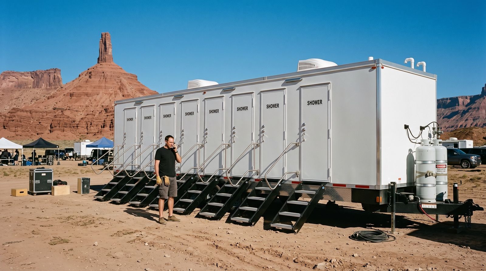 Eight-door shower trailer at a film base camp in Castle Valley with Castleton Tower behind