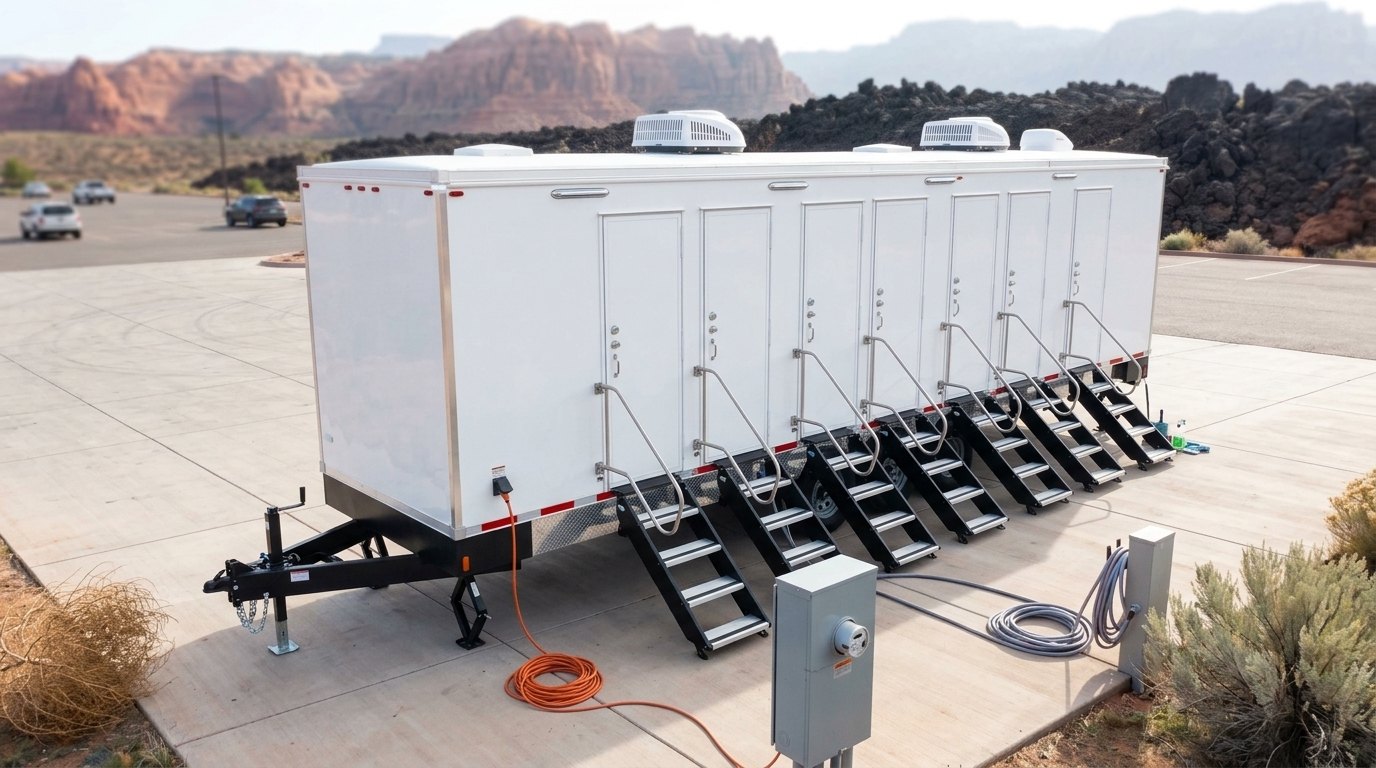 Utah Shower Trailers unit beside the lava bluffs and red sandstone near St. George