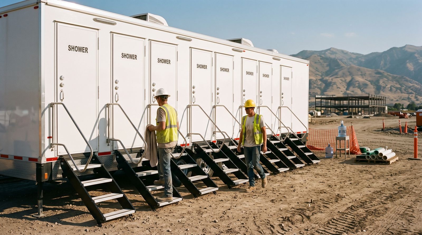 Construction crew at an eight-door shower trailer on a Lehi jobsite below the Traverse Mountains