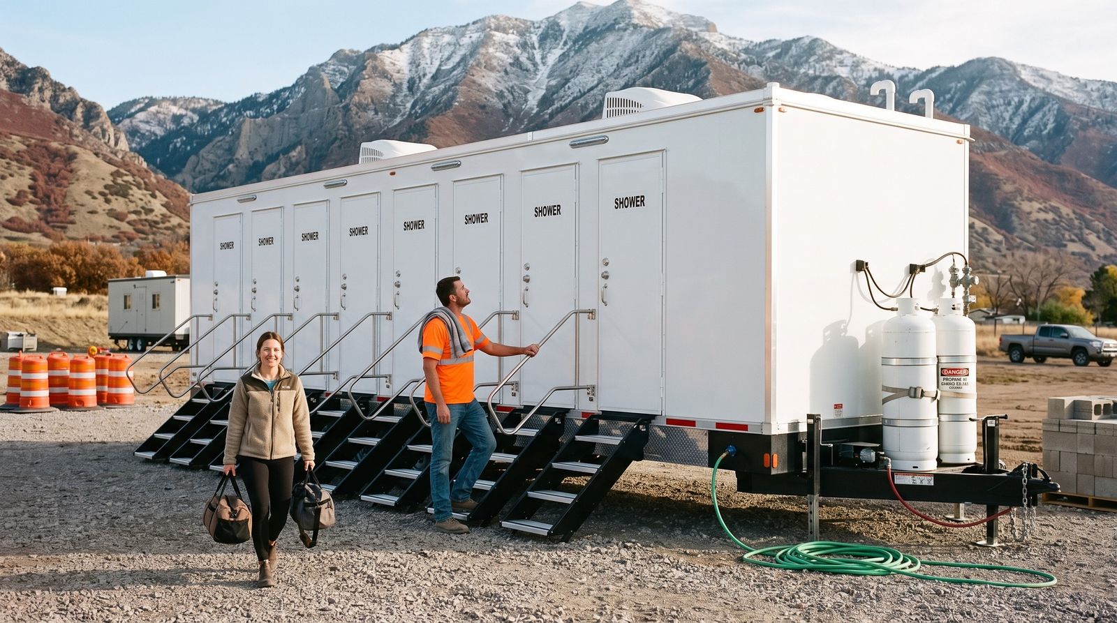 Eight-door shower trailer on a gravel jobsite pad below Ben Lomond in Ogden with first snow on the peak