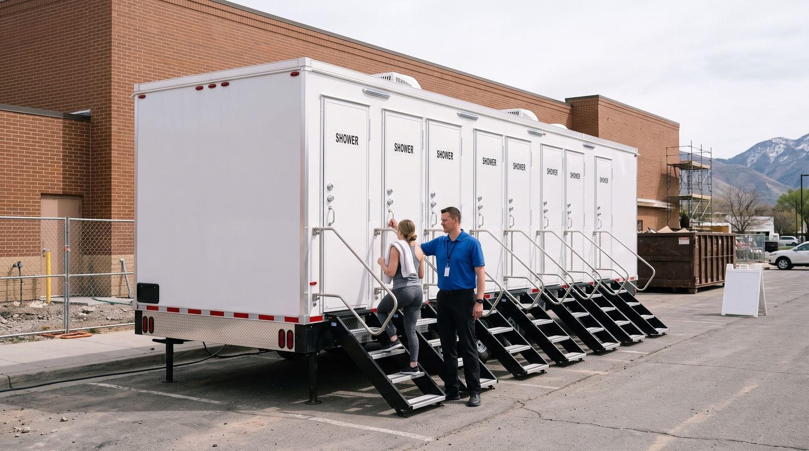 Shower trailer standing in for closed locker rooms during a Salt Lake City recreation center renovation