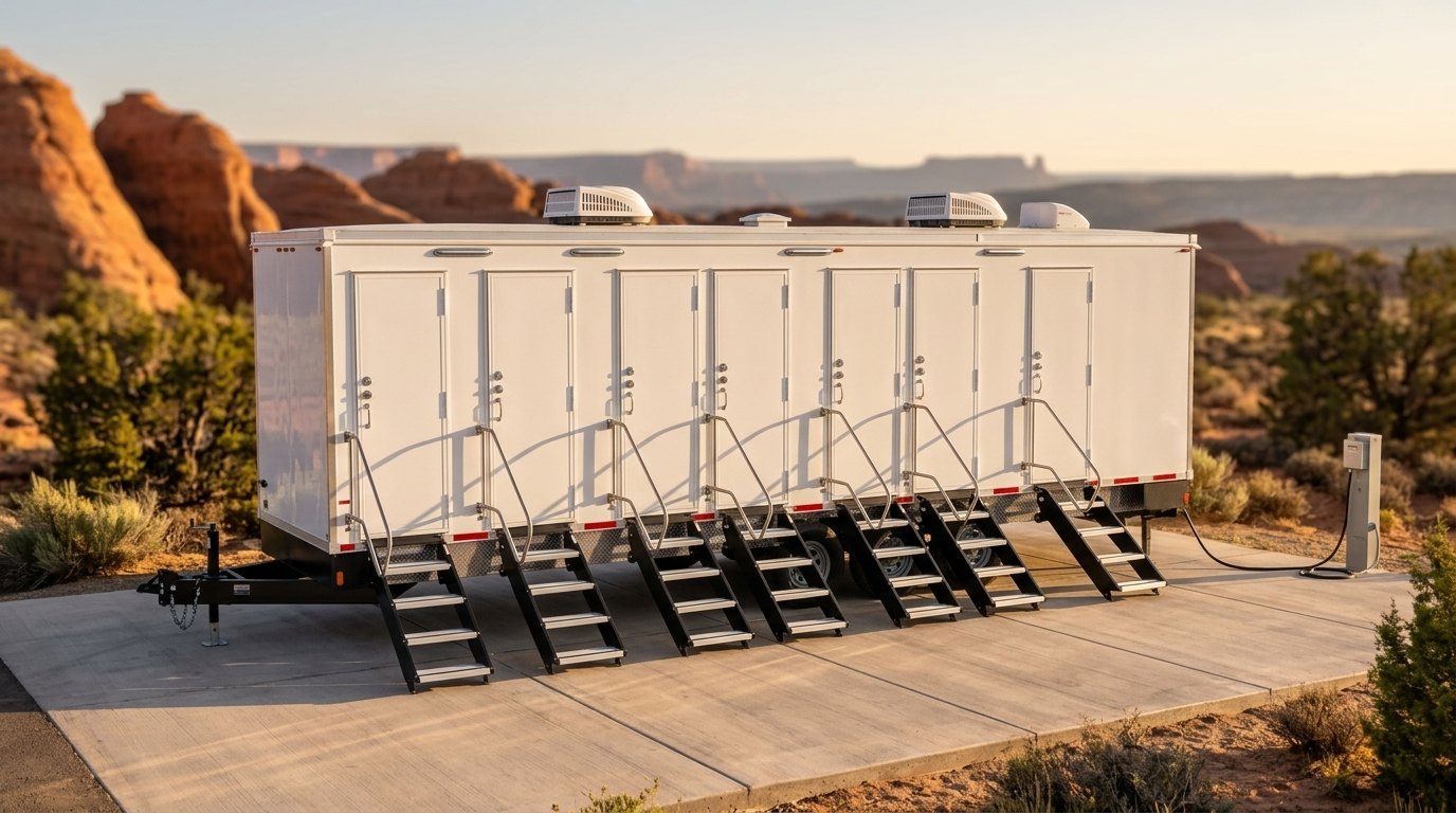 Utah Shower Trailers unit on red rock ground outside Moab with sandstone cliffs behind