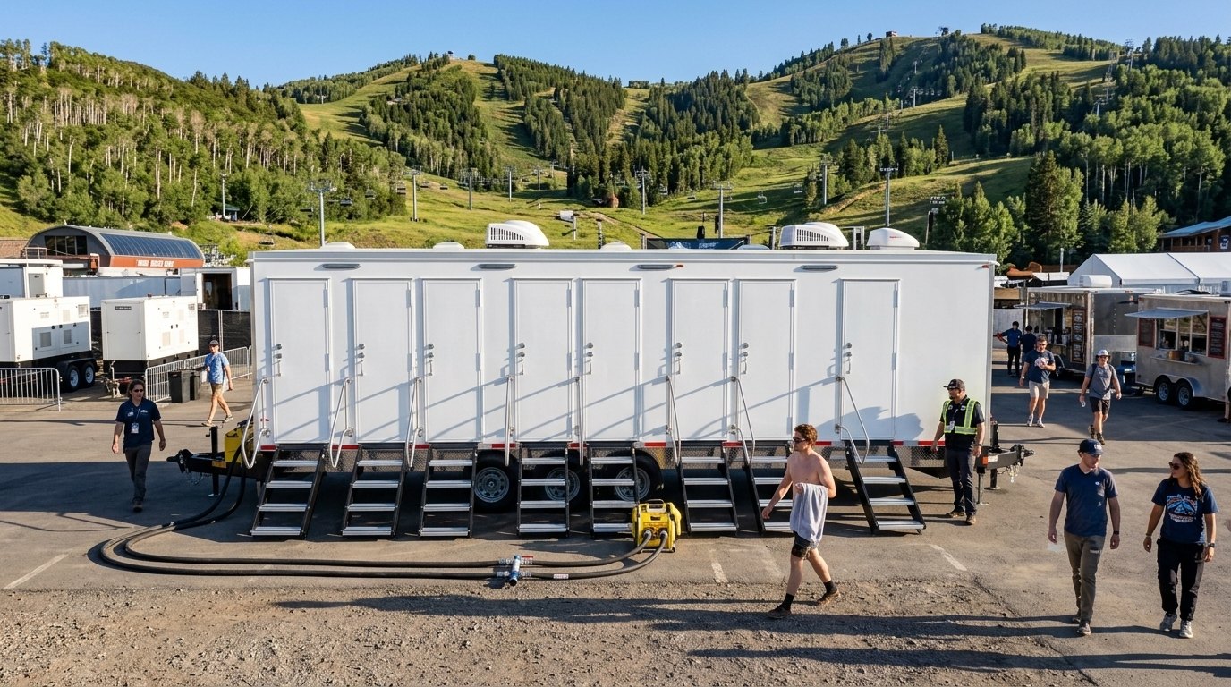 Utah Shower Trailers unit in snow at the base of the ski slopes above Park City