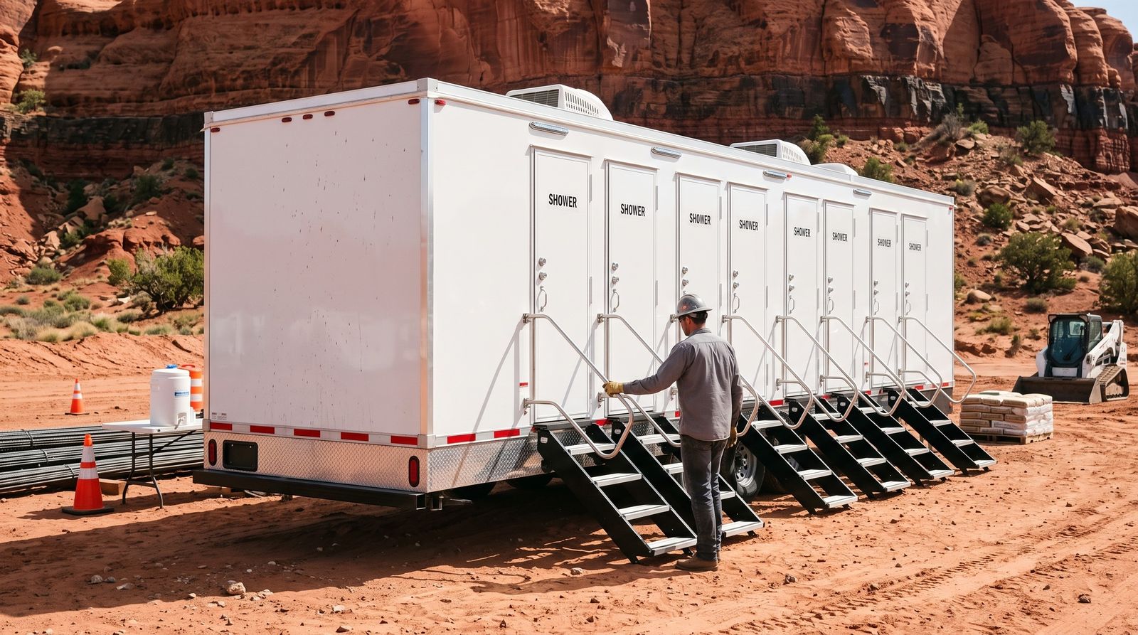 Rear view of an eight-door shower trailer on a St. George jobsite with red sandstone bluffs and black lava rock behind