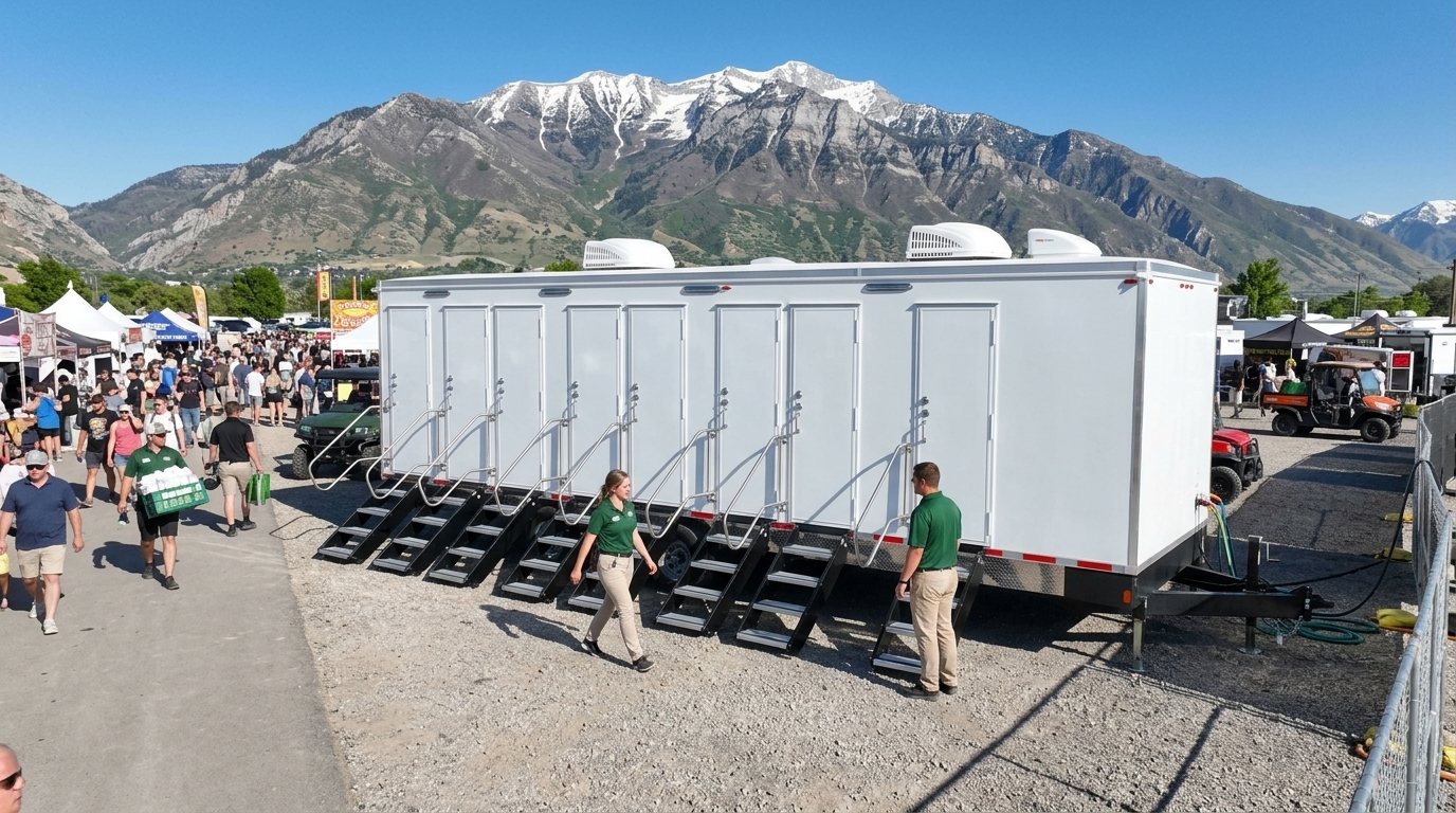 Shower trailer at a Utah County event ground with Mount Timpanogos behind it