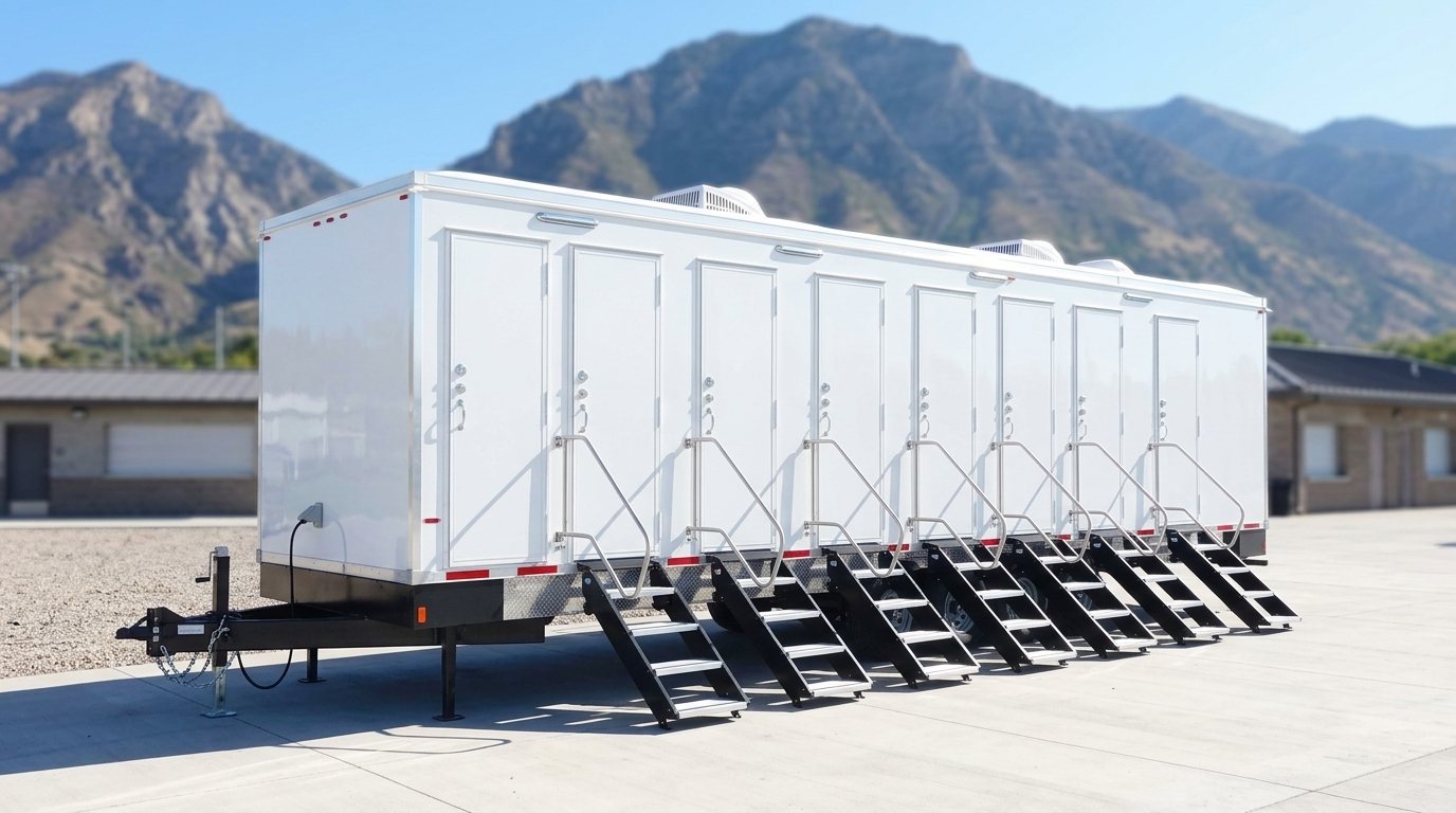 Eight stall shower trailer on a level pad with the Wasatch face rising above Ogden