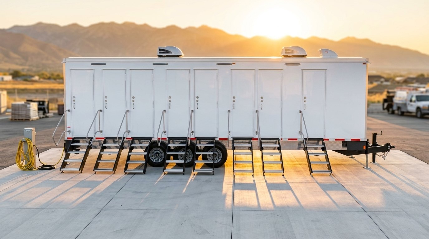 Utah Shower Trailers unit on a Salt Lake City site with the Wasatch Range behind it