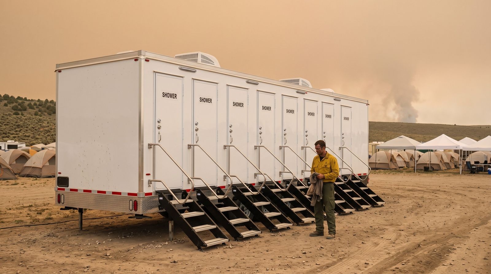 Wildland firefighter at an eight-door shower trailer at a smoky fire camp on a central Utah fairground