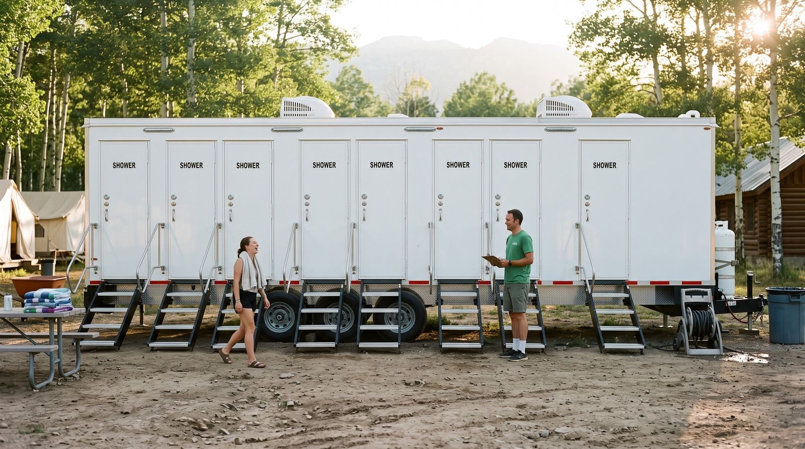 Eight-door shower trailer at a summer youth camp in an aspen grove in the Ogden Valley