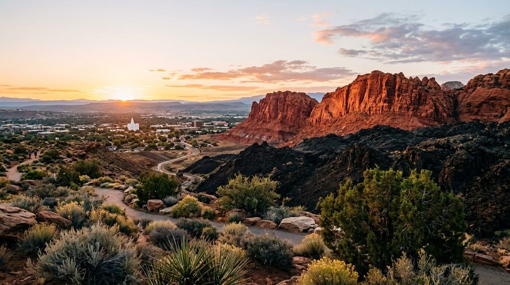 St. George, Utah: red sandstone bluffs and black lava rock above the city at sunrise, desert landscaping in the foreground