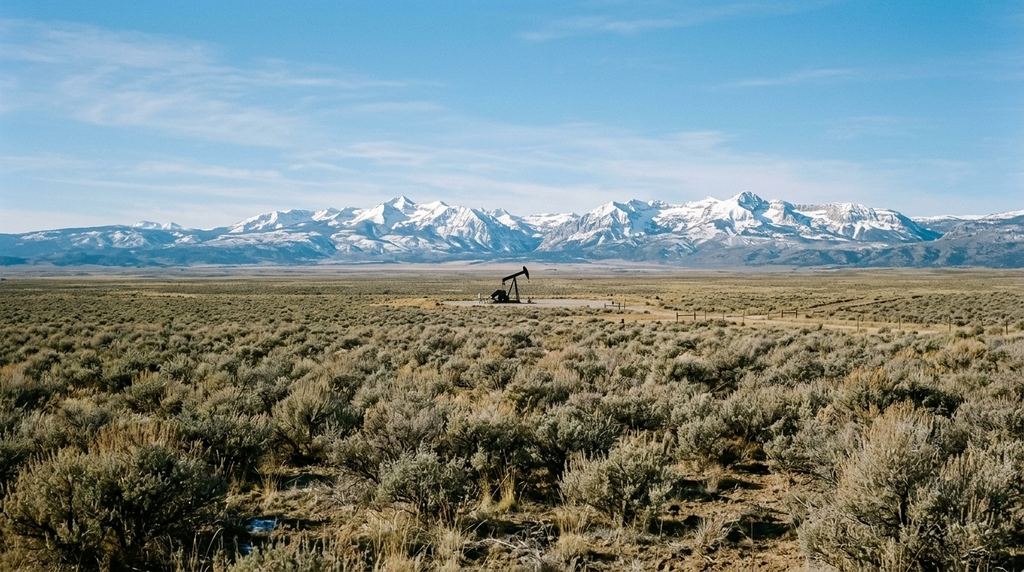 The Uinta Basin near Fort Duchesne, Utah: flat sagebrush basin, a distant pumpjack, the snow-covered Uinta Mountains on the northern skyline on a cold clear morning