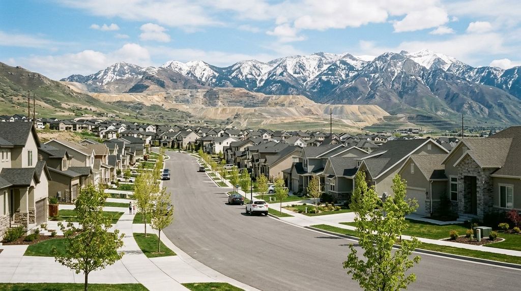 West Jordan, Utah: new residential streets on the west bench with young trees and the Oquirrh Mountains and the Kennecott tailings benches behind in spring